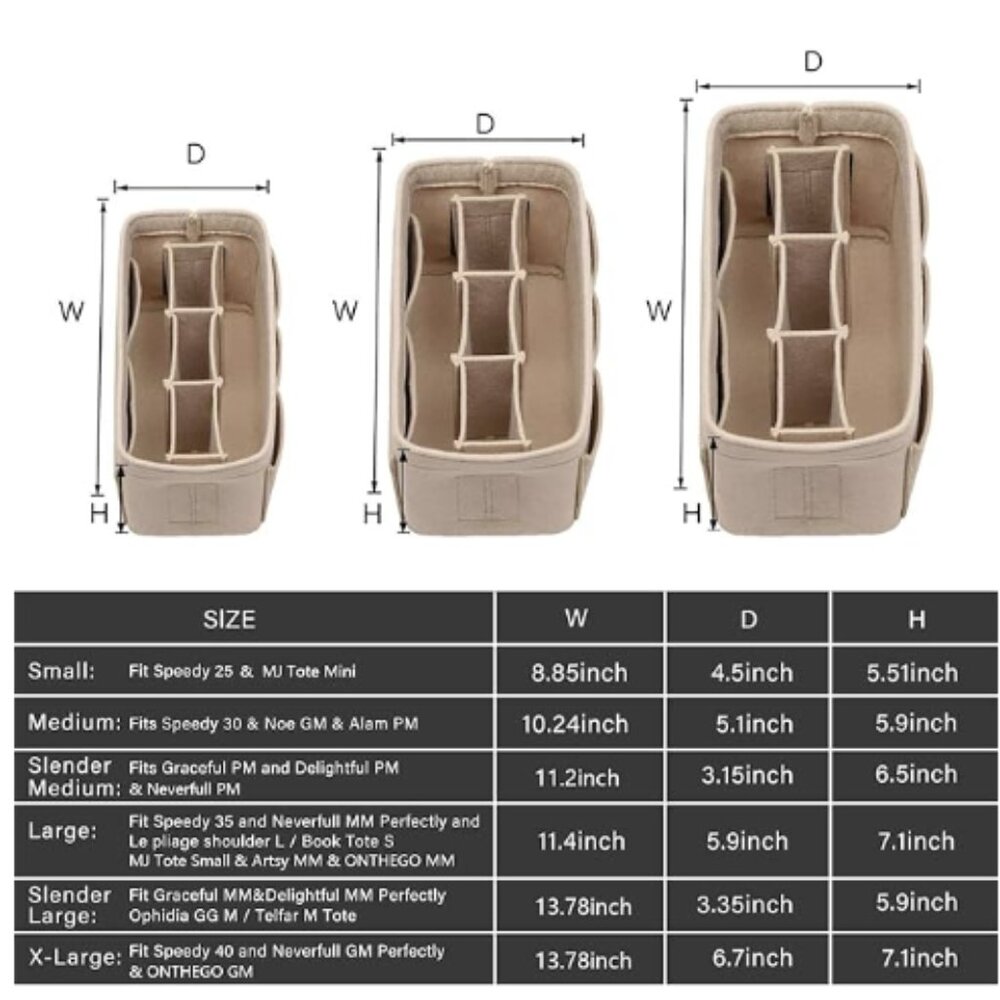 Womens Size Small Purse Organizer Insert, Felt Bag Organizer for Handbag Beige - Picture 3 of 9